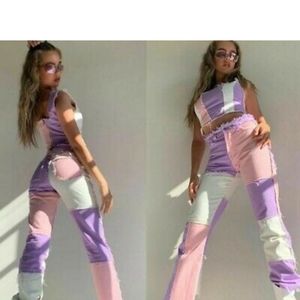 - Raw edge patchwork jeans